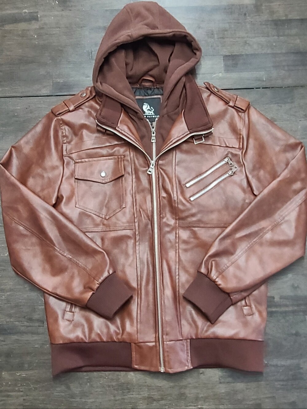 Men's Brown Faux Leather Hooded Bomber Jacket with Rib Trim